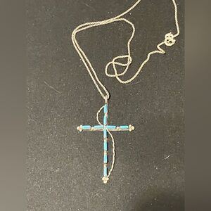 NATIVE AMERICAN INDIAN STERLING SILVER BLUE TURQUOISE STONE CROSS PENDANT